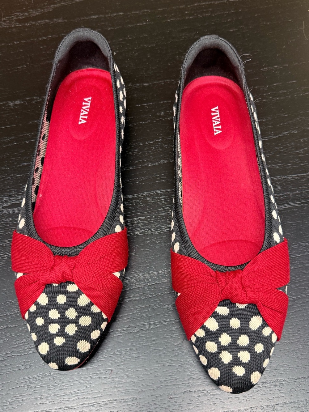 VIVAIA Machine Washable Black Polka Dot Flats with Red Bow